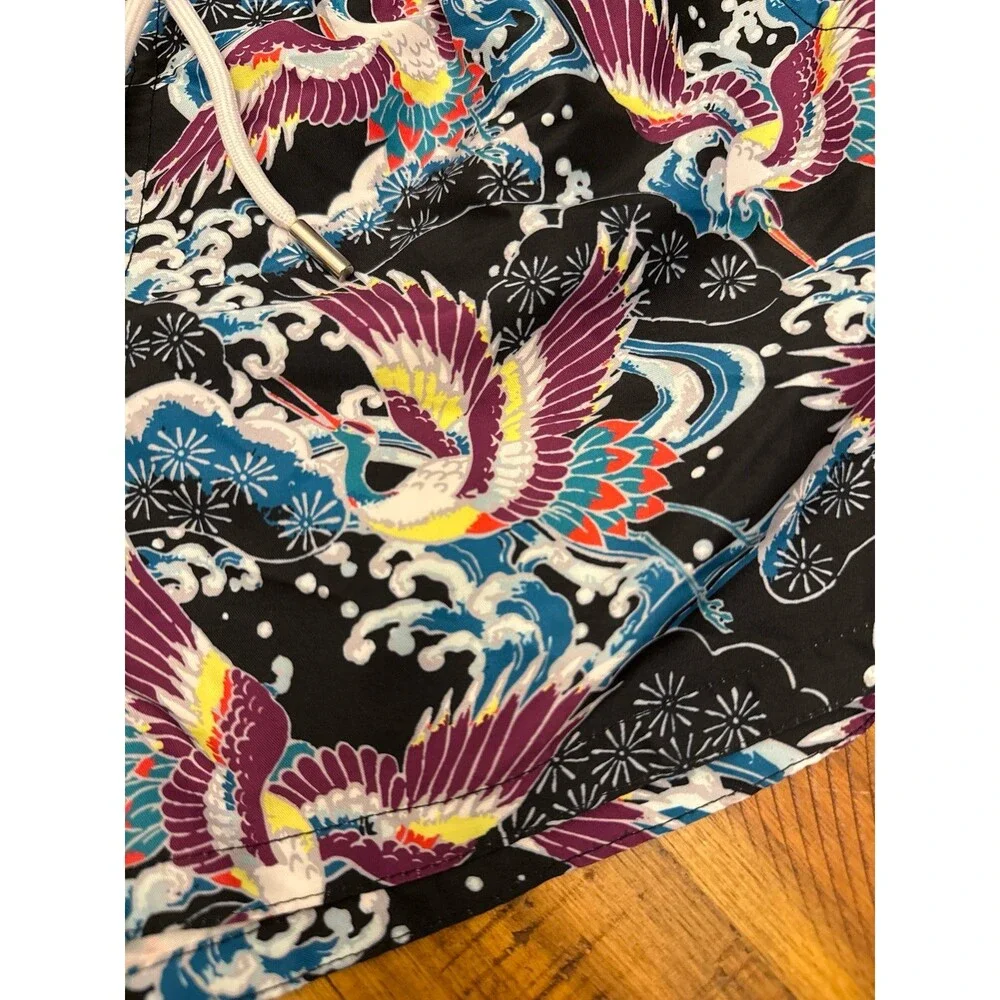 2(X)IST Men’s Medium Swim Trunks Japanese Heron Print Short Lined Drawstring